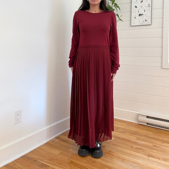J. Crew Factory Burgundy Pleated Midi Dress - Picture 2 of 6